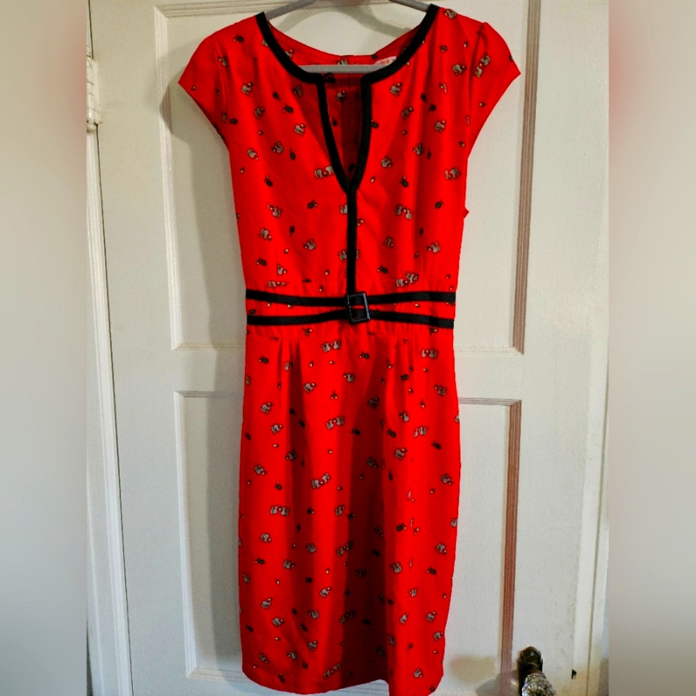 Trollied Dolly Tomato Red Novelty Print Dress 1X